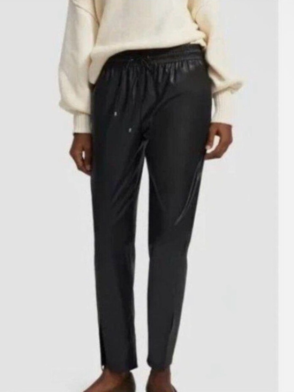 NEW! Theory Faux Leather Vegan Leather Tapered Pants with Slit Hem Black Size 2 - Picture 3 of 10